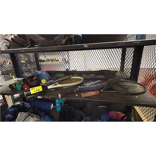 SHELF OF TENNIS RACKETS, TENNIS BALLS, STARFRIT BODY WEIGH SCALE & MORE