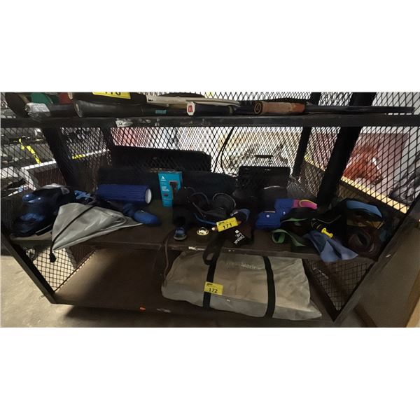 SHELF OF ASSORTED EXERCISE EQUIPMENT: GOZONE INFLATABLE PUNCHING BAG, RESISTANCE TUBES, WEIGHTED