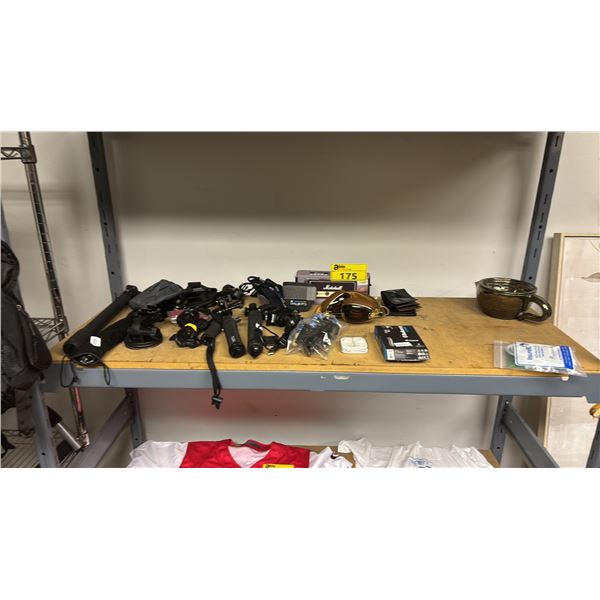 SHELF OF ASSTD. GOPRO SELFIE STICKS, GOPRO TRIPOD, MARSHAL JACK RACK II, APPLE WIRED EARBUDS & MORE