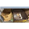 Image 2 : SHELF OF ASSORTED FLIGHT BOOKS, WICKER STORAGE BASKET, BOX OF APPLE LIGHTNING CABLES, BELTS, FELT