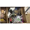 Image 3 : SHELF OF ASSORTED FLIGHT BOOKS, WICKER STORAGE BASKET, BOX OF APPLE LIGHTNING CABLES, BELTS, FELT