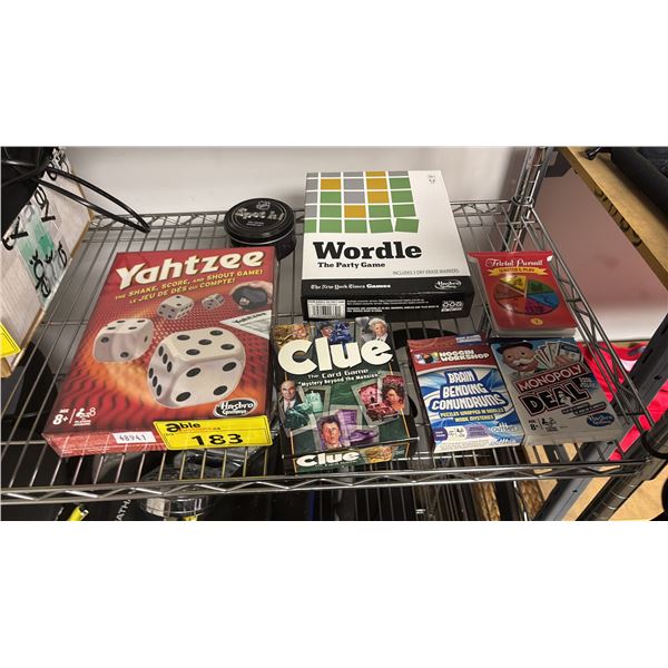 ASSORTED GAMES: YAHTZEE, CLUE CARD GAME, MONOPOLY DEAL, WORDLE PARTY GAME & MORE
