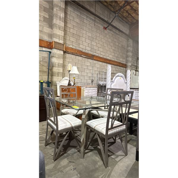 MODERN SQUARE GLASS TOP DINING TABLE WITH METAL BASE AND 4 CHAIRS