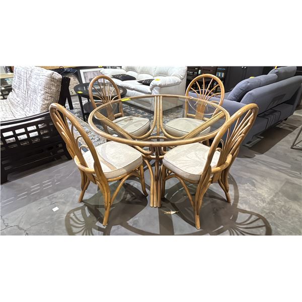 VINTAGE WOODEN DINNING TABLE WITH GLASS TOP AND MATCHING CHAIRS