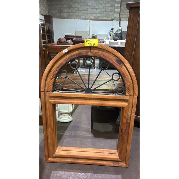 RUSTIC WOOD ARCHED WALL FRAMED MIRROR; APPROX. 43.5" X 31.5"