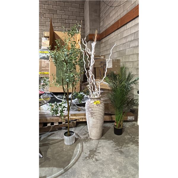 (2) ARTIFICIAL HOME DECOR PLANTS AND A BEIGE VASE