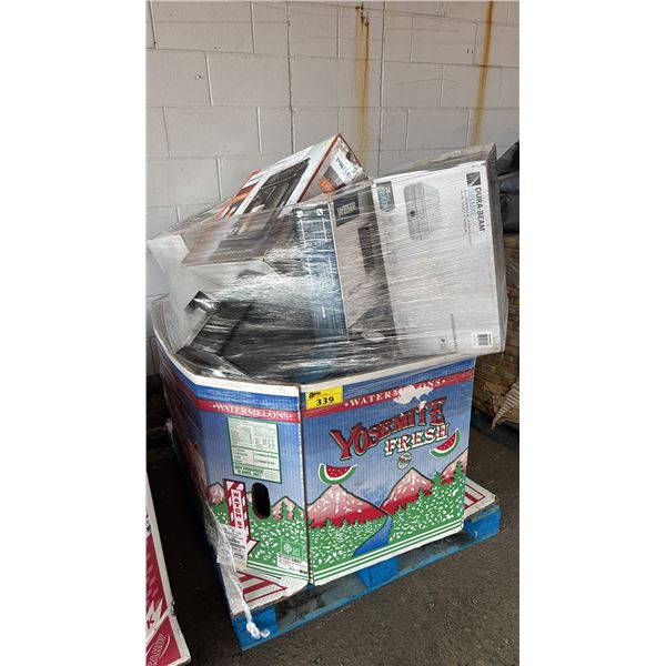 PALLET OF ASSORTED ITEMS INCLUDING; INFLATABLE MATTRESS, ELECTRONIC DOOR DEADBOLT, AIR FRYER & MORE