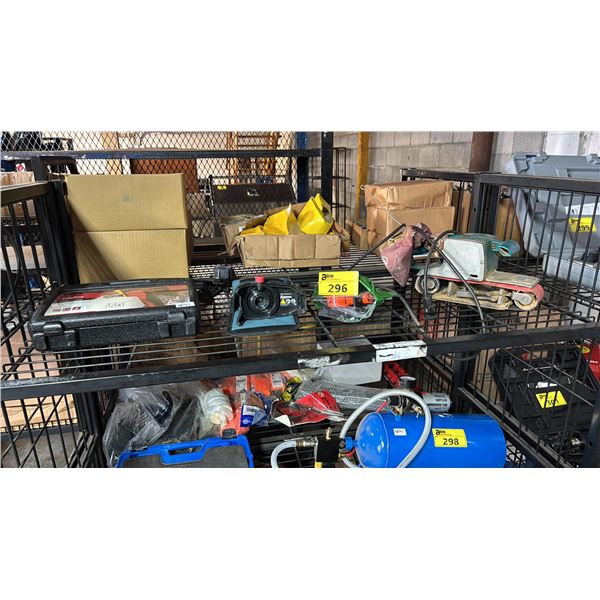 SHELF OF ASSORTED ITEMS INCLUDING WELLER SOLDERING GUN KIT , BOSCH SELF LEVELING CROSS LINE LASER