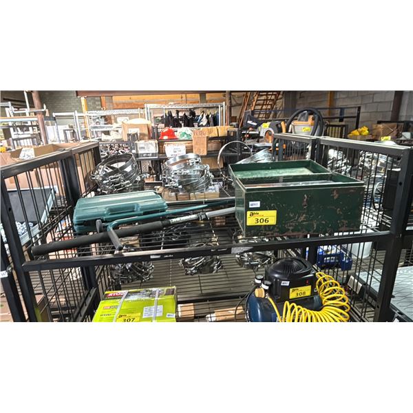 SHELF OF ASSORTED ITEMS INCLUDING METABO HPT 18- GAUGE BRAD NAILER KIT WITH HARD CASE , TOOL BOX