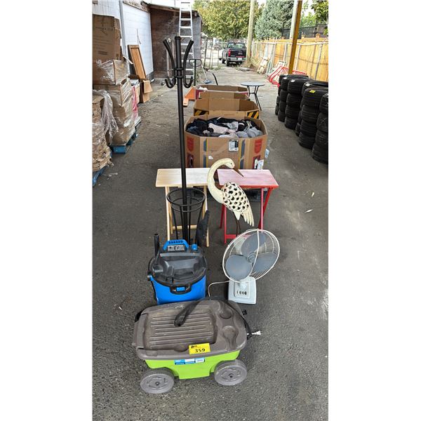 ASSORTED ITEMS INCLUDING; DURAVAC WET/DRY VACUUM WITH HOSE, SUNCAST GARDEN SCOOTER, COAT RACK & MORE