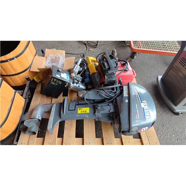 PALLET OF ASSORTED ITEMS INCLUDING; YAMAHA OUTBOARD MOTOR, BOAT FUEL TANK, RECIPROCATING SAW,