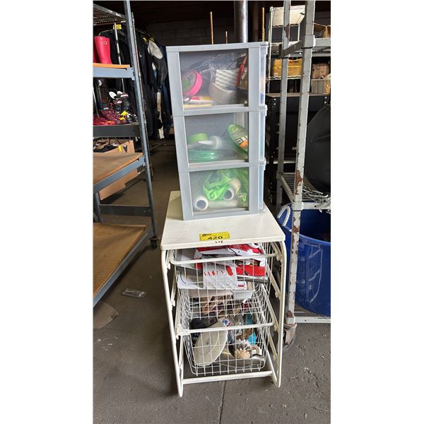 2-TIER BASKET STORAGE WITH CONTENTS & 3 TIER PLASTIC ORGANIZER WITH CONTENTS