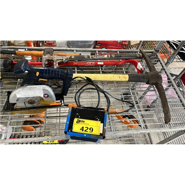 SHELF OF ASSORTED TOOLS INCLUDING; PICKAXE, SLEDGE HAMMER, CIRCULAR SAW, TIRE REPAIR KIT & MORE