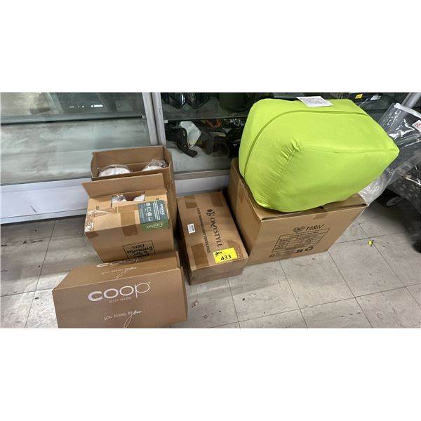 ASSORTED BEDDING ITEMS INCLUDING; N&V FOLDING SOFA BED (GREY), COOP PILLOW, (2) APSMILE PILLOWS &