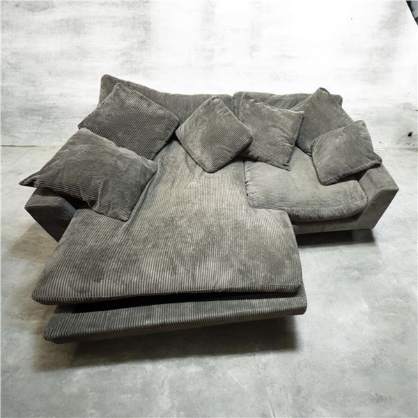 Moe’s Gray Corduroy Sectional Sofa-floor model with Multiple Pillows