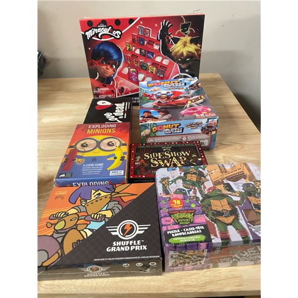 Brand New Lot of 7 Board Games: Miraculous, Exploding Minions, Donut Dash, Sideshow Swap, etc