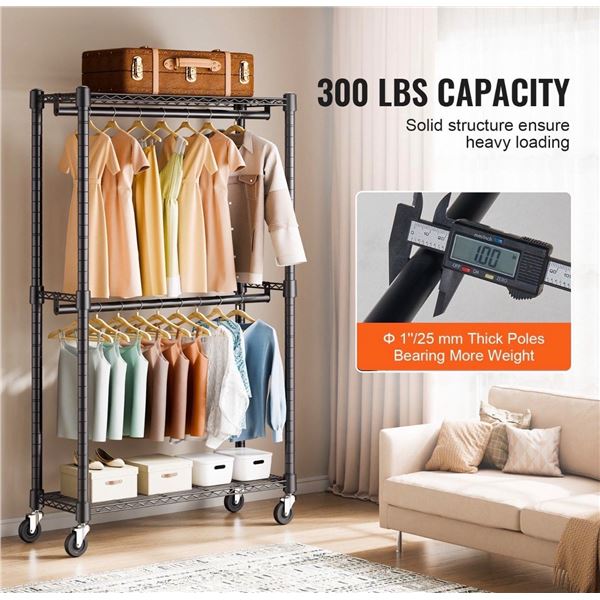 Brand New Heavy Duty Rolling Garment Rack with Shelves & Wheels – Black