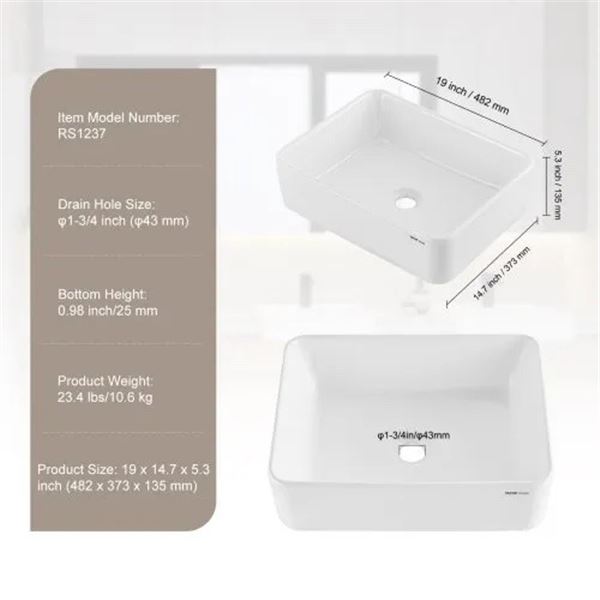Brand New White Vessel Sink RS1237, 19 x 14.7 x 5.3 inches