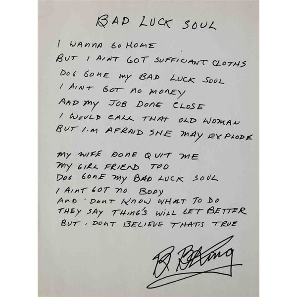 BB King Handwritten signed song lyrics