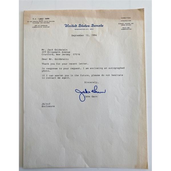 U.S. Senator Jake Garn signed letter