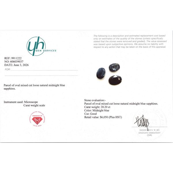 20.2 CT CERTIFIED MIDNIGHT BLUE SAPPHIRE GEMSTONE PARCEL ($6,050 APPRAISAL)