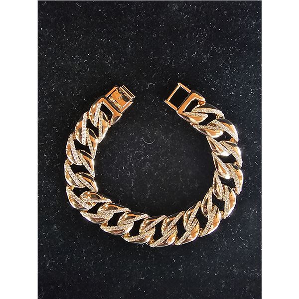 *NEW* 18K GOLD PLATED 14MM SIMULATED DIAMOND (CZ) ICED OUT CUBAN LINK BRACELET: 8" LONG