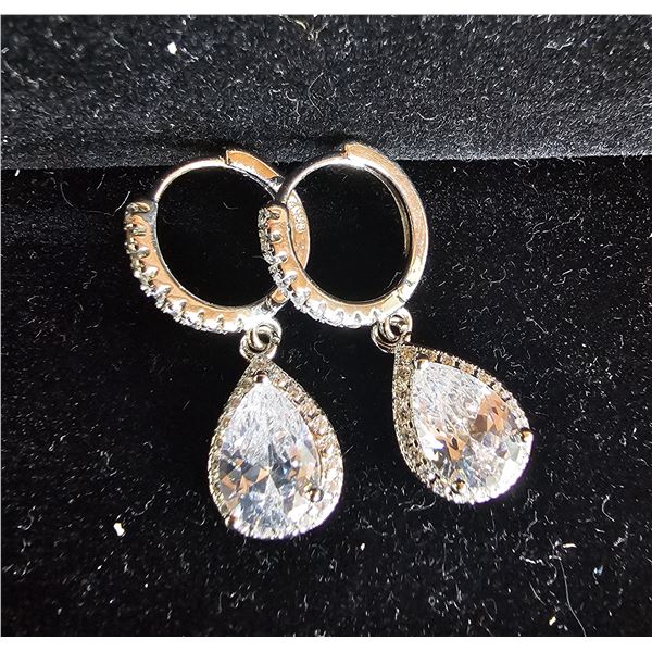 *NEW* .925 SILVER 2CT EACH PEAR CUT SIMULATED DIAMOND (CZ) HALO DANGLE EARRINGS