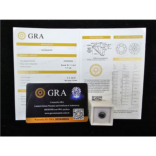 *NEW* 3CT ROUND BRILLIANT CUT RAINBOW GREEN MOISSANITE LAB DIAMOND: GH - VVS1, GRA REPORT