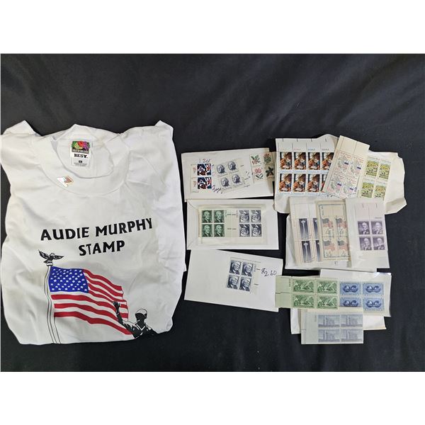 SIZE L AUDIE MURPHY STAMP T-SHIRT WITH PIN & ASSORTED VINTAGE US STAMPS