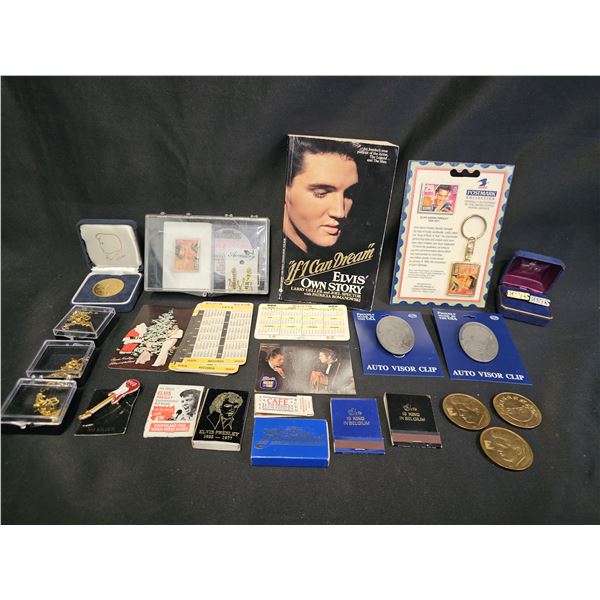 ASSORTED ELVIS MEMORABIILIA: AUTO VISOR CLIP, KEYCHAIN, GOLD PLATED MEDALLION, MATCHBOOKS & MORE