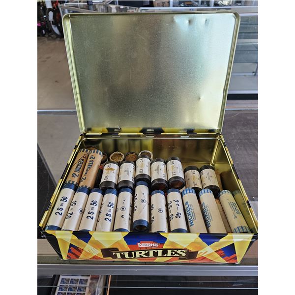 METAL BOX OF ASSORTED US & CAD ROLLED COLLECTIBLE COINS: LOONIES, QUARTERS & NICKELS