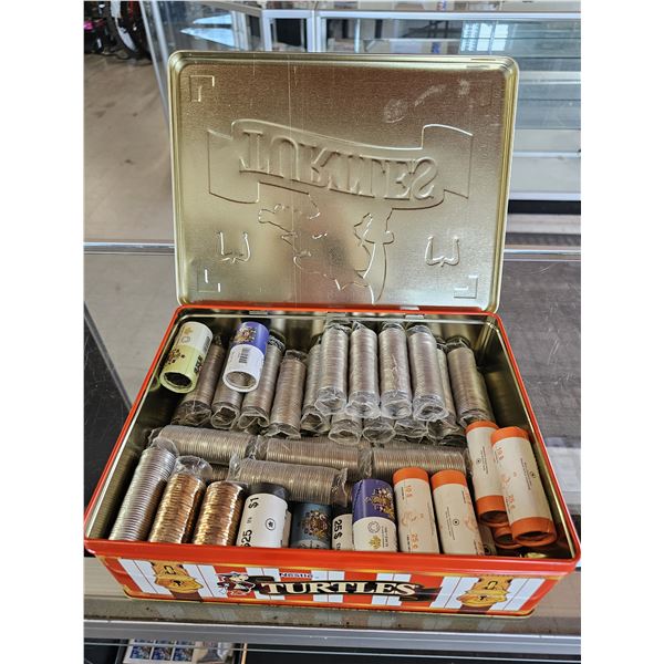 METAL BOX OF ASSORTED CAD ROLLED COLLECTIBLE COINS: LOONIES, QUARTERS & NICKELS