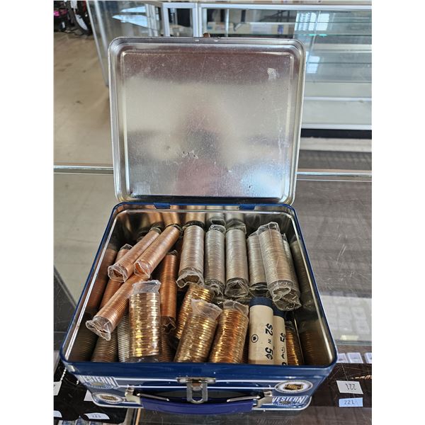 METAL CANUCKS LUNCHBOX OF ASSORTED CAD ROLLED COLLECTIBLE COINS: LOONIES, QUARTERS & NICKELS