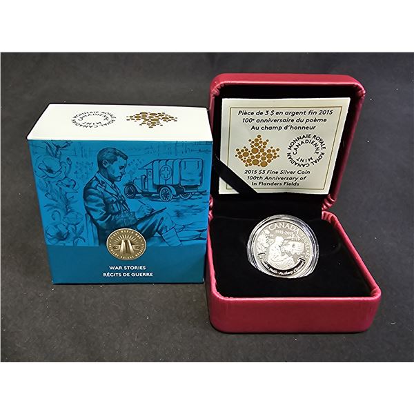 2015 CAD 7.96G .9999 FINE SILVER $3 100TH ANNIVERSARY OF IN FLANDERS FIELD COIN IN DISPLAY BOX