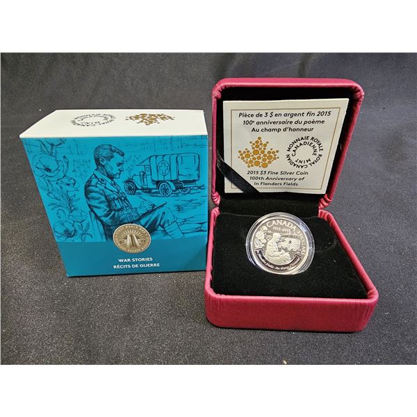 2015 CAD 7.96G .9999 FINE SILVER $3 100TH ANNIVERSARY OF IN FLANDERS FIELD COIN IN DISPLAY BOX