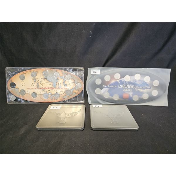 (2) CANADIAN 2000 MILLENNIUM QUARTER SETS & (2) CANADA POST MILLENNIUM STAMP KEEPSAKE SETS