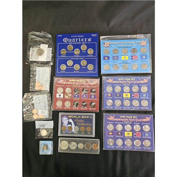 ASSORTED US QUARTER, HALF DOLLAR & PENNY SETS: 1999 & 2000 STATE QUARTERS, KENNEDY HALF