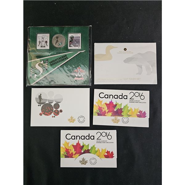 2012 SASKATCHEWAN ROUGHRIDER QUARTER & STAMP SET,(2) 2016 UNCIRCULATED SET, 2015 REMEMBRANCE SET &