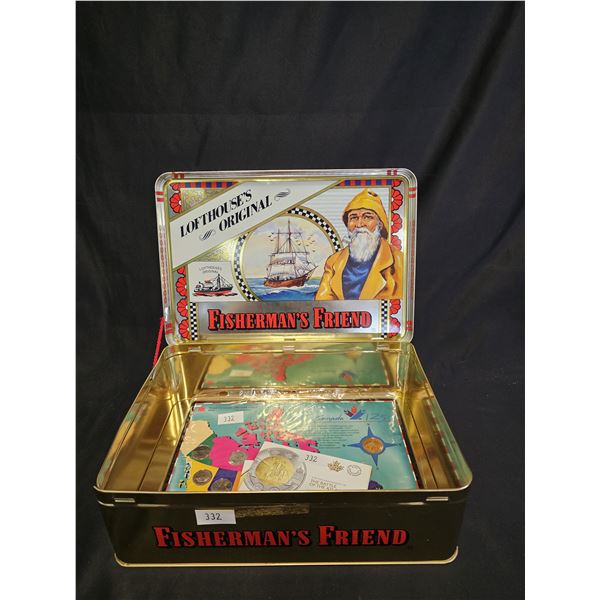 METAL FISHERMAN'S FRIEND BOX W/ 2016 LUCKY LOONIE, 2016 BATTLE OF THE ATLANTIC TOONIE SET, CANADIAN