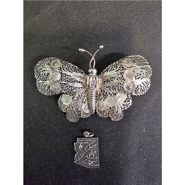 STERLING SILVER BUTTERFLY BROOCH & STERLING SILVER ARIZONA STATE PENDANT: 12.6G