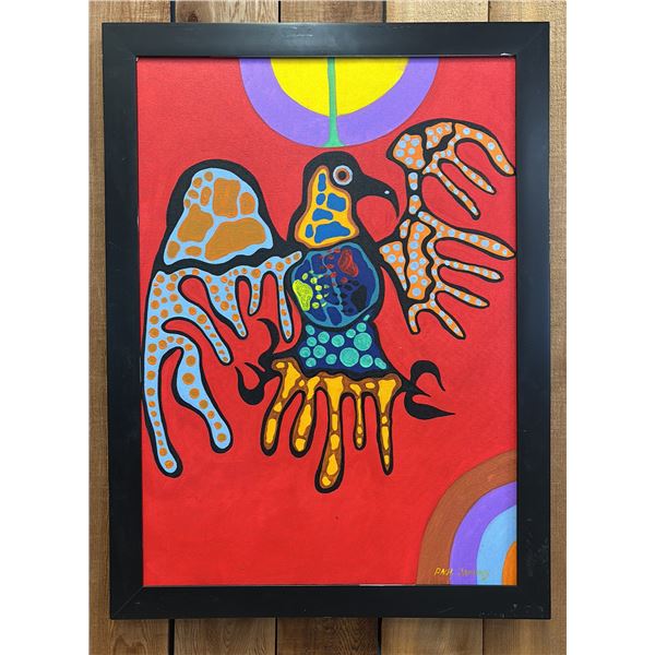ORIGINAL FIRST NATIONS FRAMED OIL ON CANVAS BY PAUL JOHNNY: APPROX. 31" X 23"