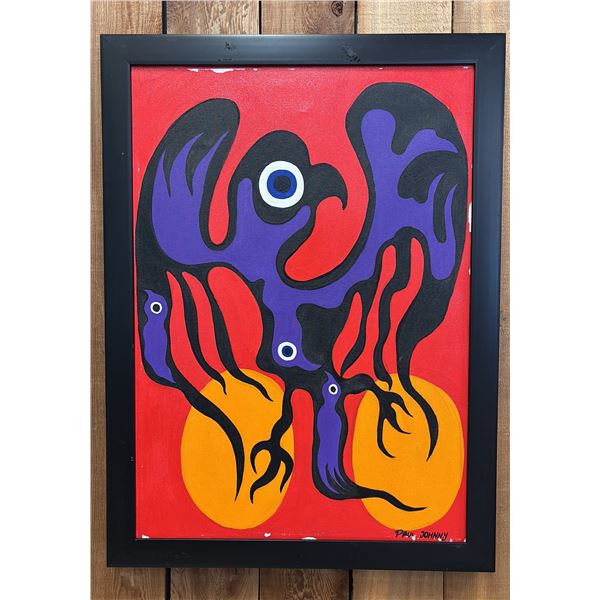 ORIGINAL FIRST NATIONS FRAMED OIL ON CANVAS BY PAUL JOHNNY: APPROX. 31" X 23"