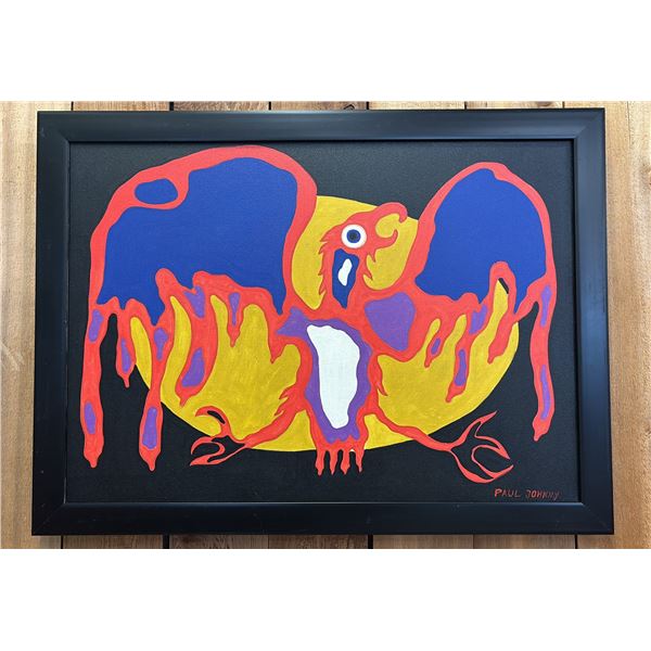 ORIGINAL FIRST NATIONS FRAMED OIL ON CANVAS BY PAUL JOHNNY: APPROX. 31" X 23"