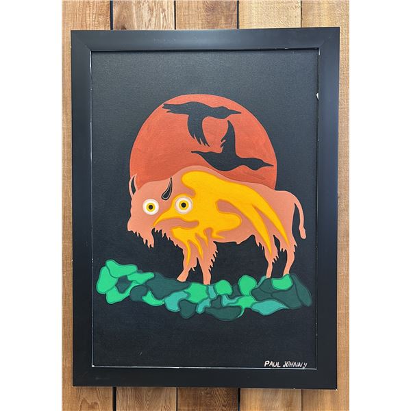 ORIGINAL FIRST NATIONS FRAMED OIL ON CANVAS BY PAUL JOHNNY: APPROX. 31" X 23"