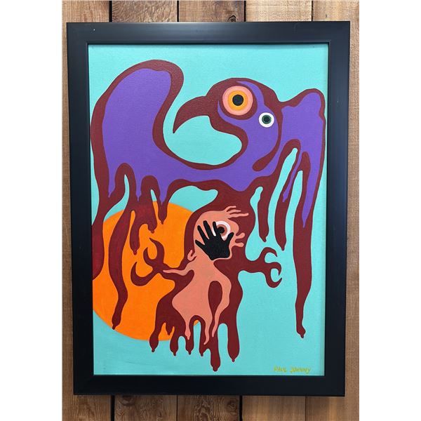 ORIGINAL FIRST NATIONS FRAMED OIL ON CANVAS BY PAUL JOHNNY: APPROX. 31" X 23"