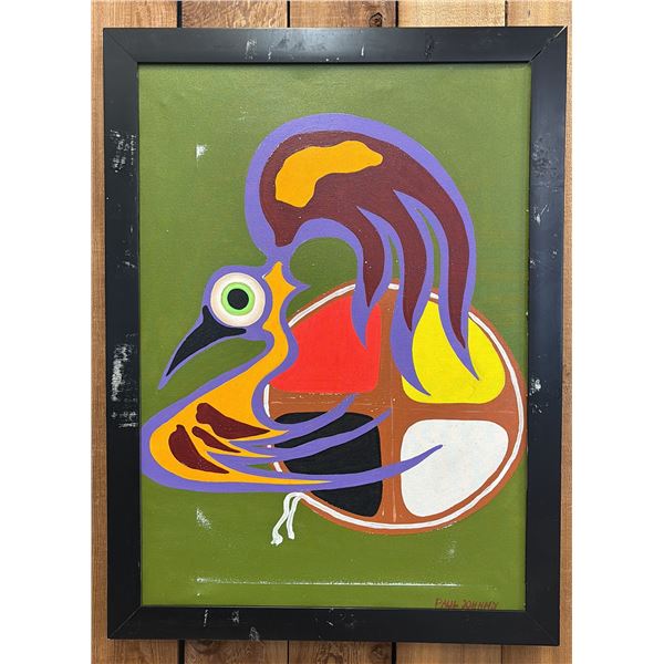 ORIGINAL FIRST NATIONS FRAMED OIL ON CANVAS BY PAUL JOHNNY: APPROX. 31" X 23"