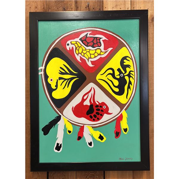 ORIGINAL FIRST NATIONS FRAMED OIL ON CANVAS BY PAUL JOHNNY: APPROX. 31" X 23"