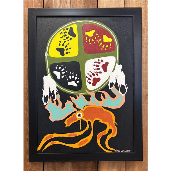 ORIGINAL FIRST NATIONS FRAMED OIL ON CANVAS BY PAUL JOHNNY: APPROX. 31" X 23"