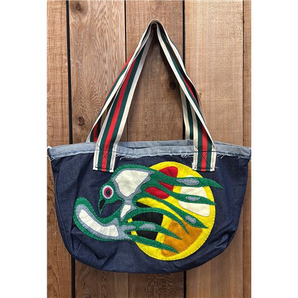 ORIGINAL PAUL JOHNNY WEARABLE ART DENIM BAG WITH HAND-STITCH FLANNEL APPLIQUE DESIGN
