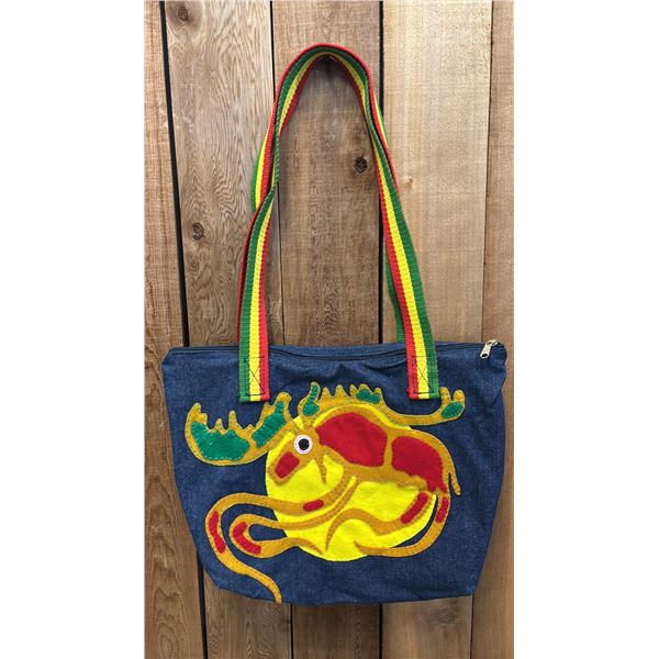 ORIGINAL PAUL JOHNNY WEARABLE ART DENIM BAG WITH HAND-STITCH FLANNEL APPLIQUE DESIGN